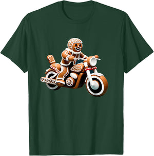 Gingerbread Man Biker Riding a Motorcycle on Christmas T-Shirt - T-Shirt | Forest