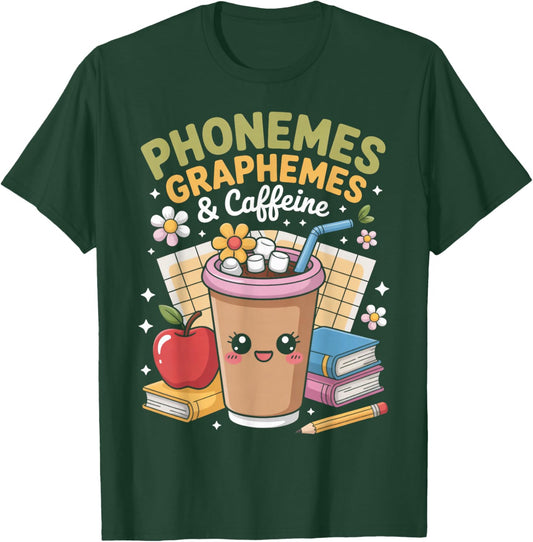 Phonemes Graphemes and Caffeine Drinking Coffee Teacher T-Shirt - T-Shirt | Forest