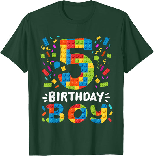 Kids 5 Years Old Building Blocks Builder 5th Birthday Boys T-Shirt - T-Shirt | Forest