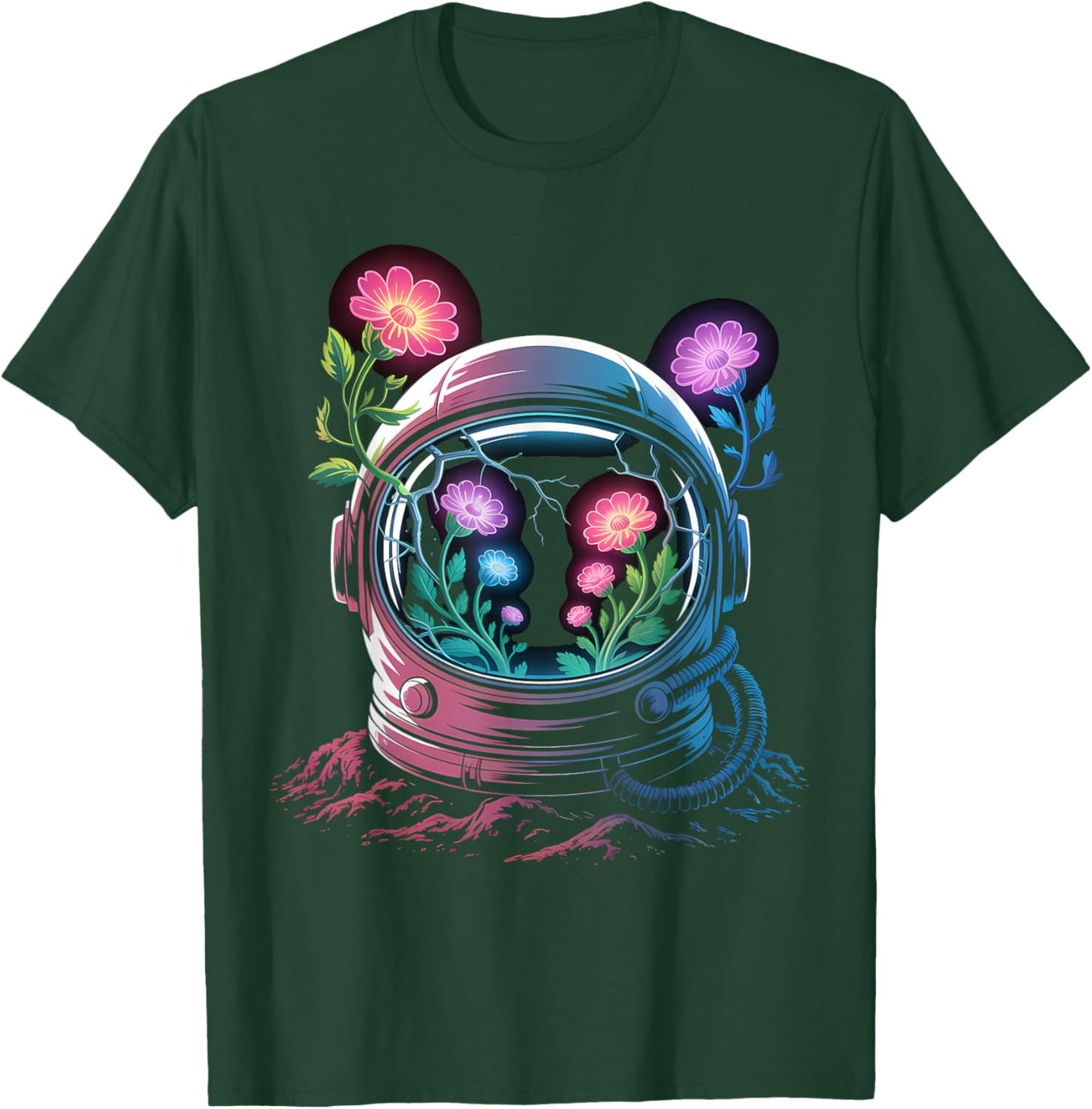 Astronaut Helmet Glowing Flowers Space Bloom Future Art T-Shirt - T-Shirt | Forest