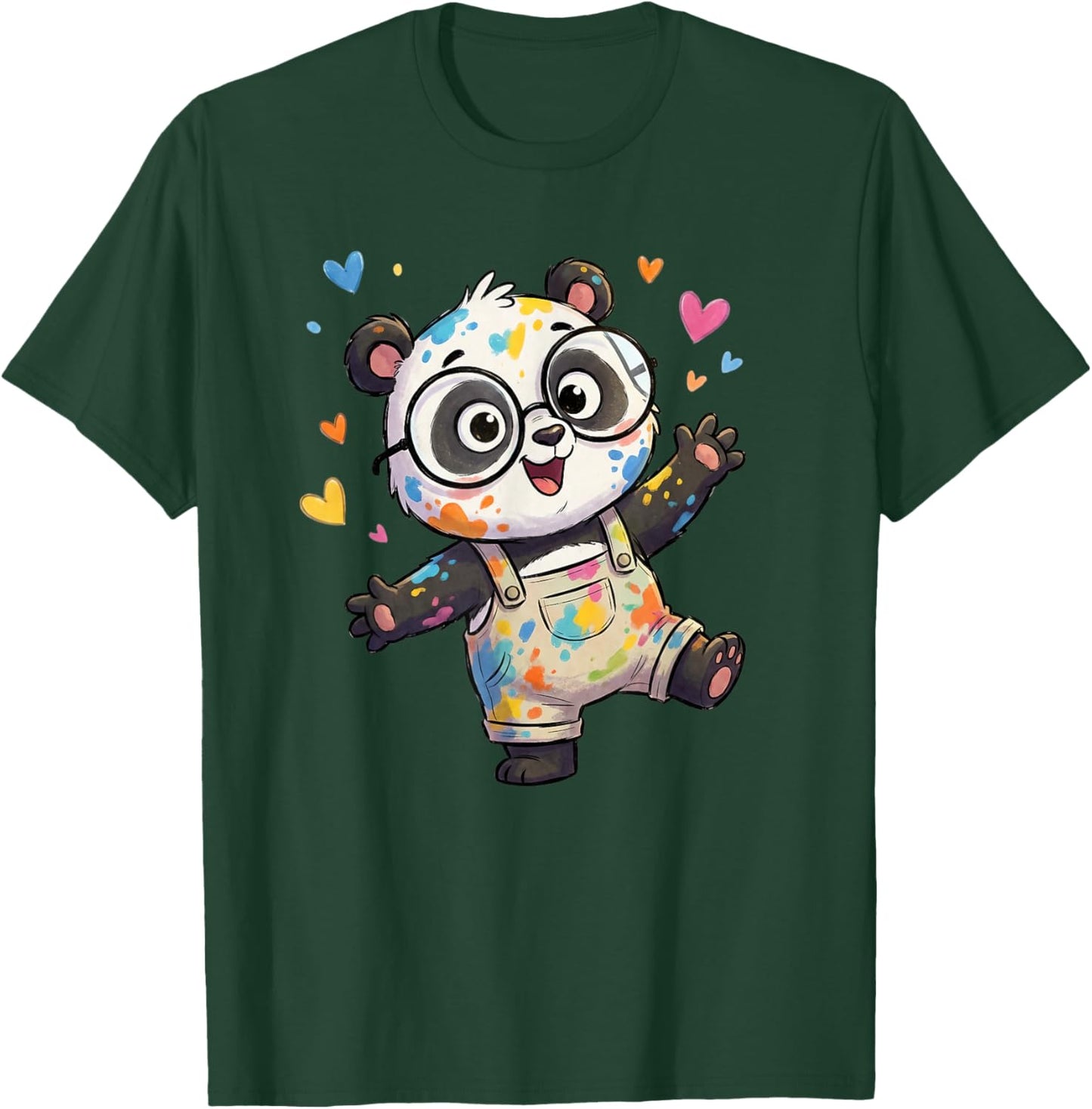 Cute Painter Panda in Colorful Overalls Hearts T-Shirt - T-Shirt | Forest