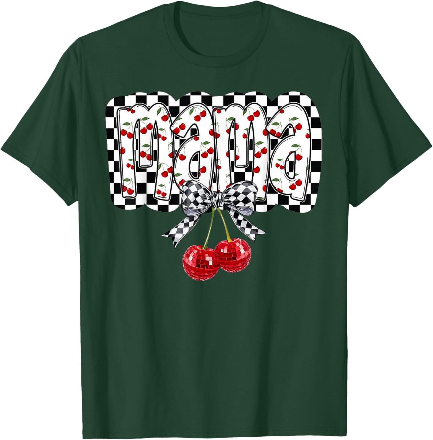 Cherry Bow Coquette Mama Checkered Retro Mother's Day T-Shirt - T-Shirt | Forest