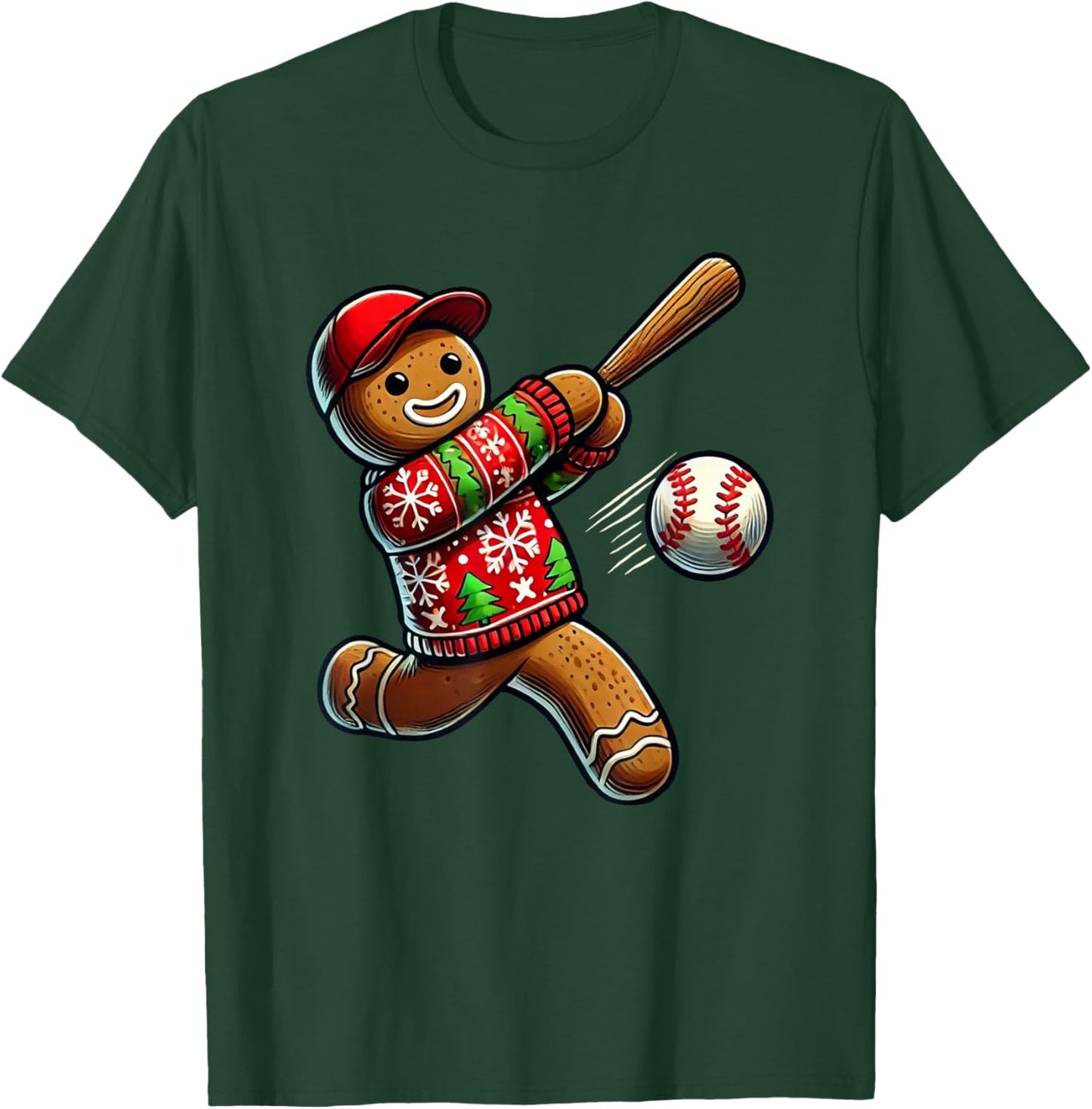 Baseball Christmas Gingerbread Man Baseball Ugly Christmas T-Shirt - T-Shirt | Forest
