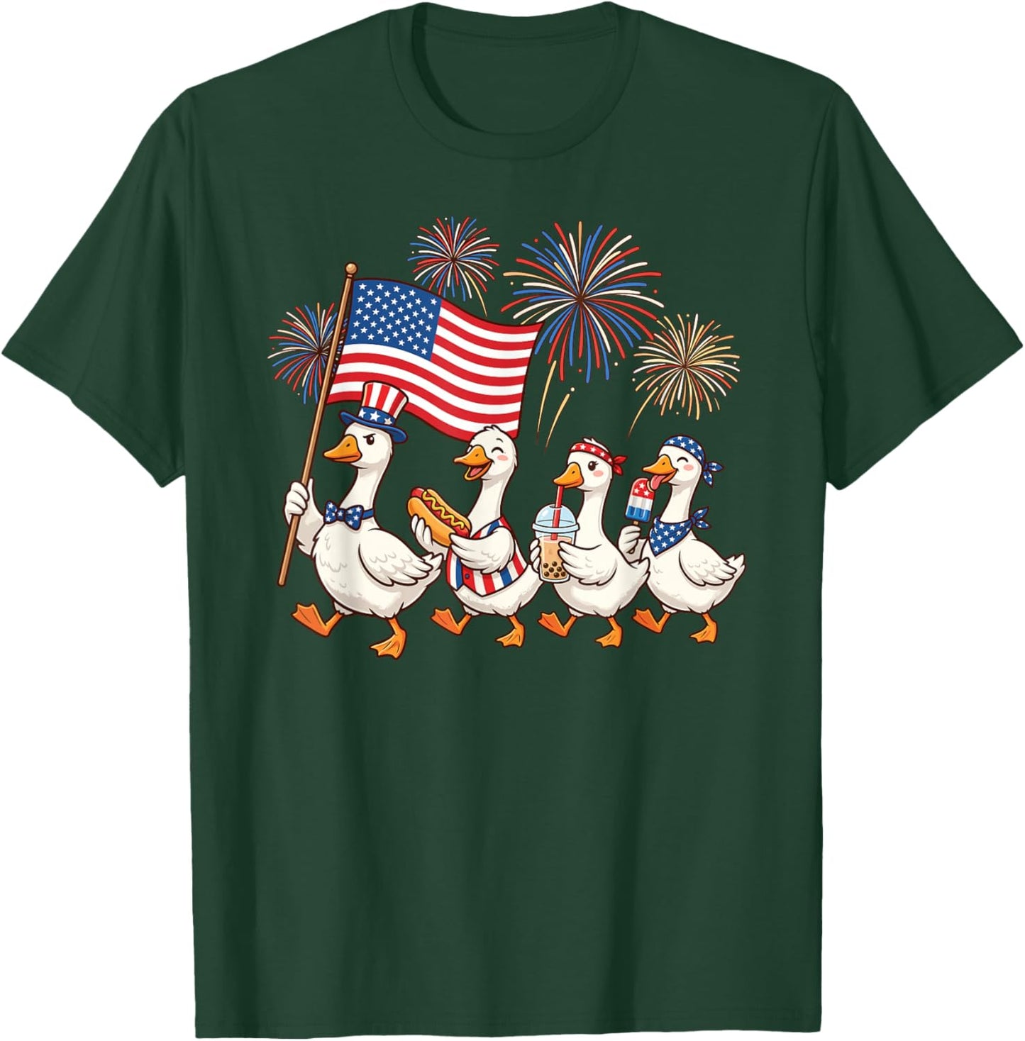 Funny Patriotic Goose Squad Celebrating 4th of July Cute T-Shirt - T-Shirt | Forest