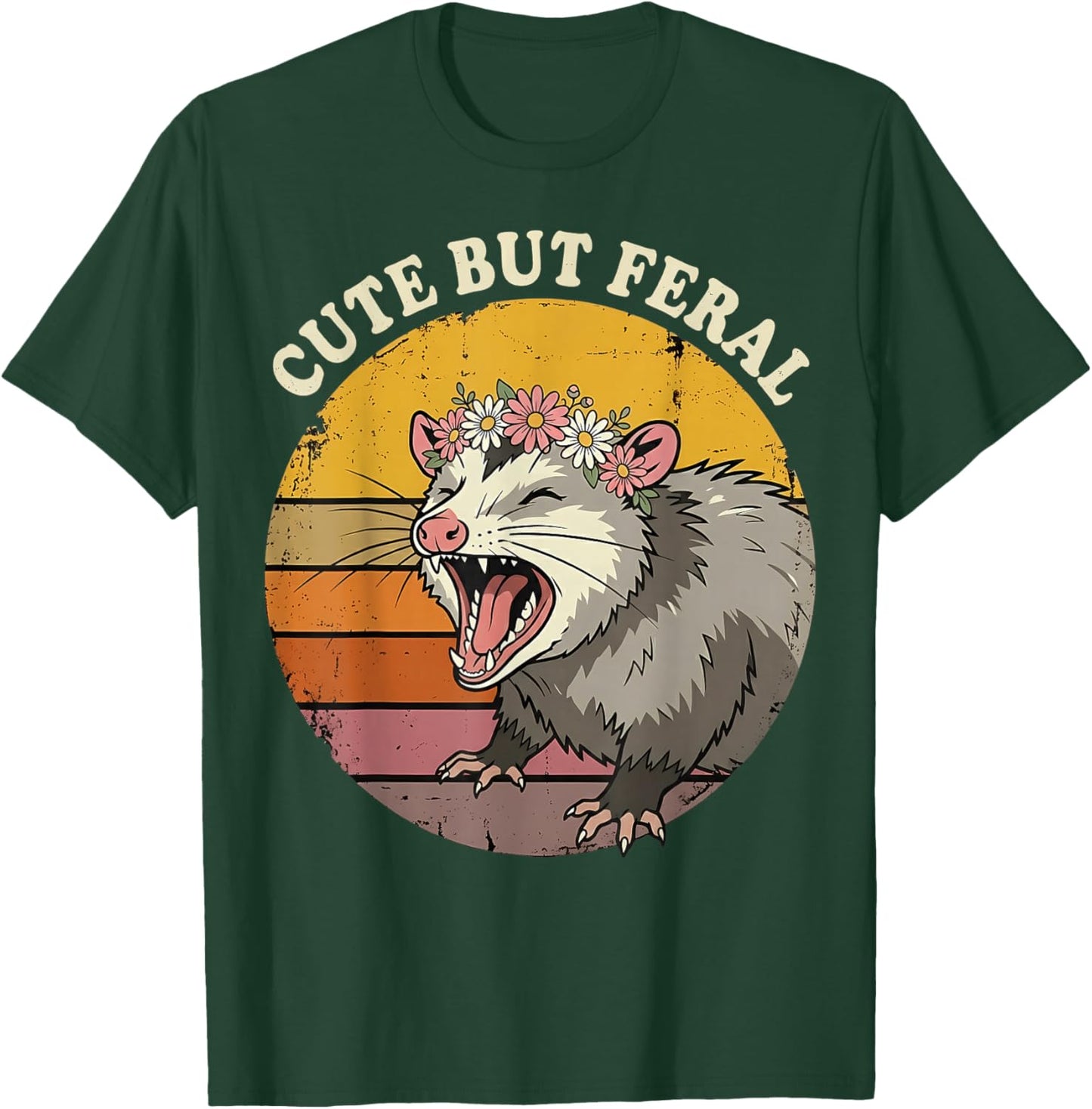 Cute But Feral Screaming Opossum Flower Crown T-Shirt - T-Shirt | Forest