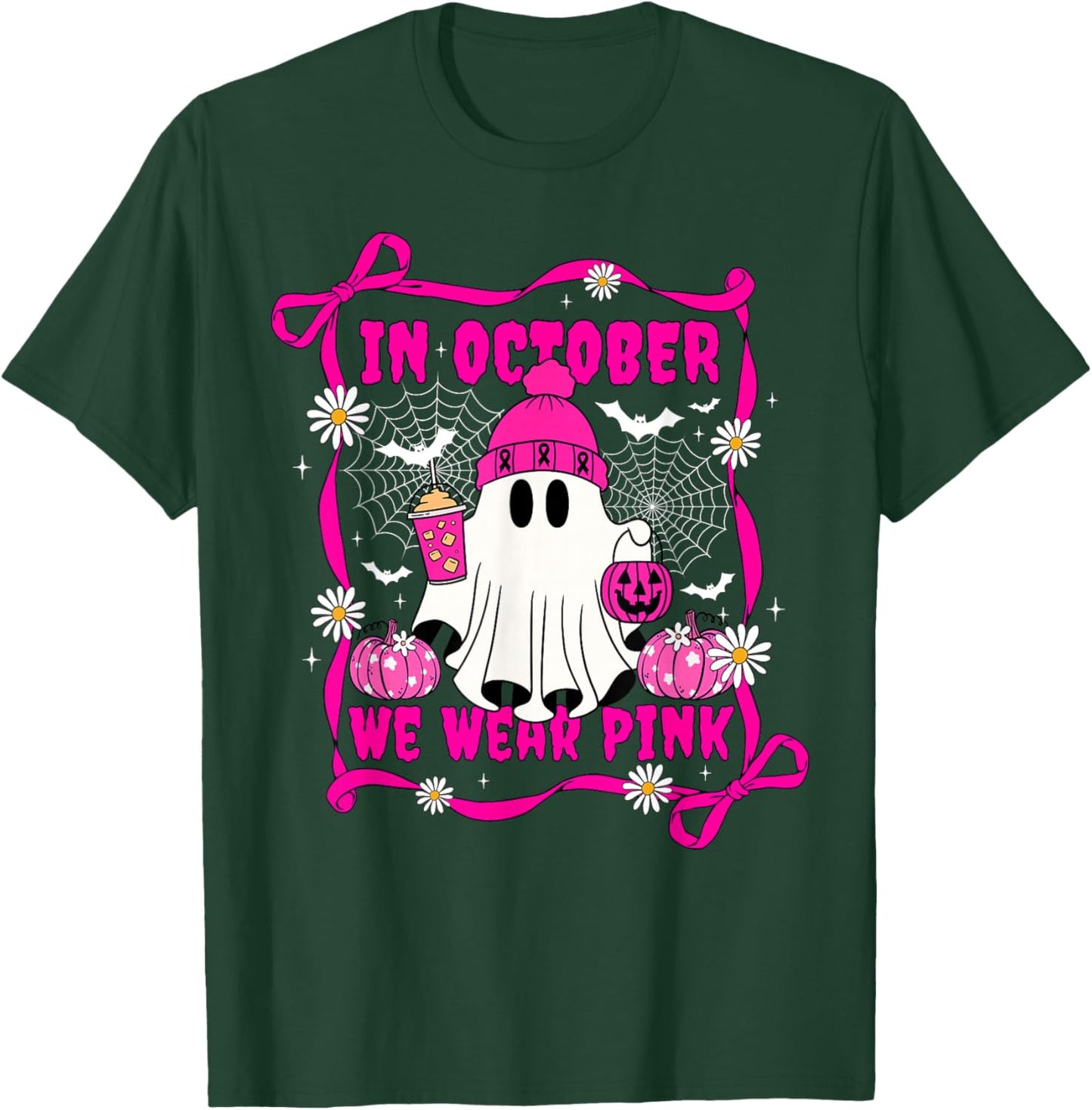 We Wear Pink in October Cute Ghost Breast Cancer Awareness T-Shirt - T-Shirt | Forest
