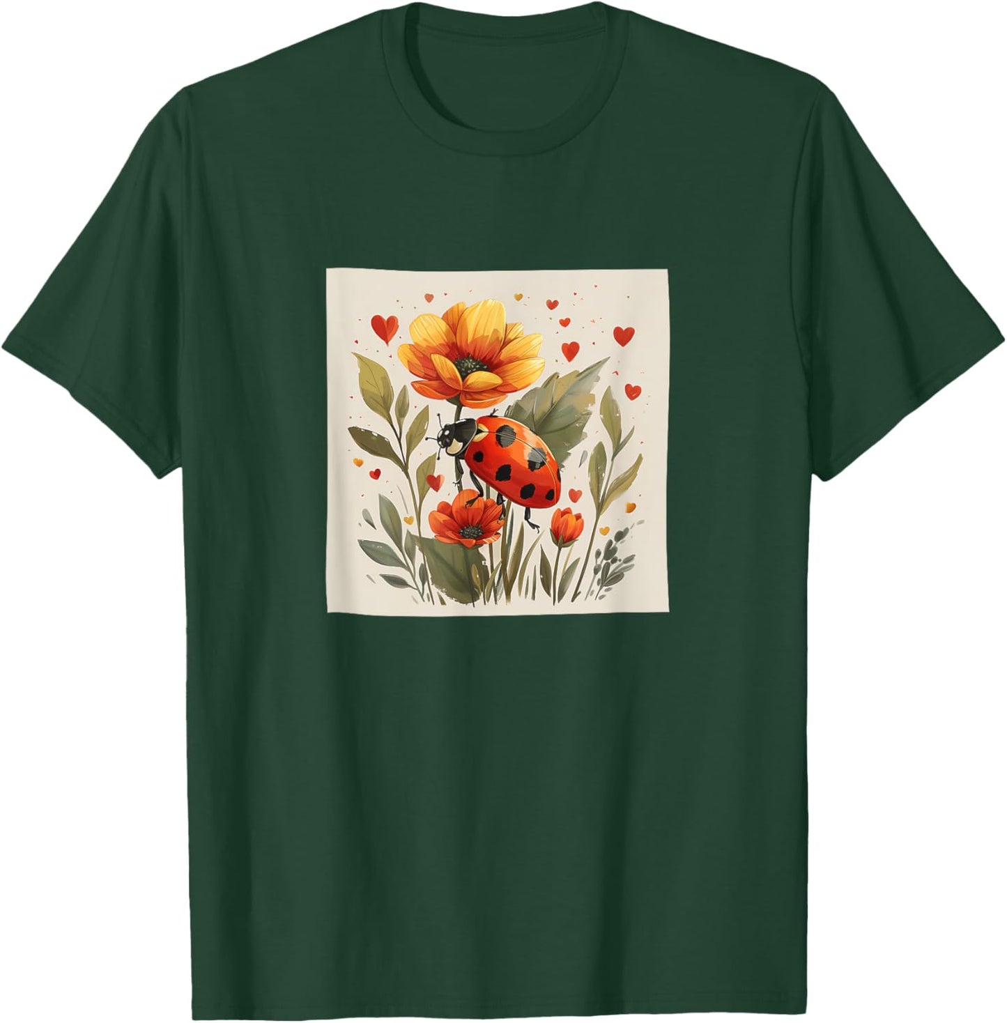 Ladybug Flowers With Hearts Around Boho Style Graphic T-Shirt - T-Shirt | Forest