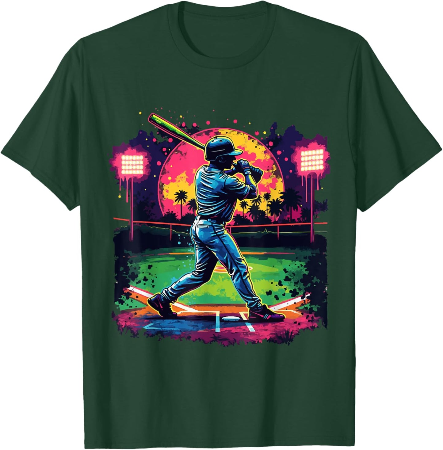 Baseball Batter Art with Retro Sunset and Palm Trees T-Shirt - T-Shirt | Forest