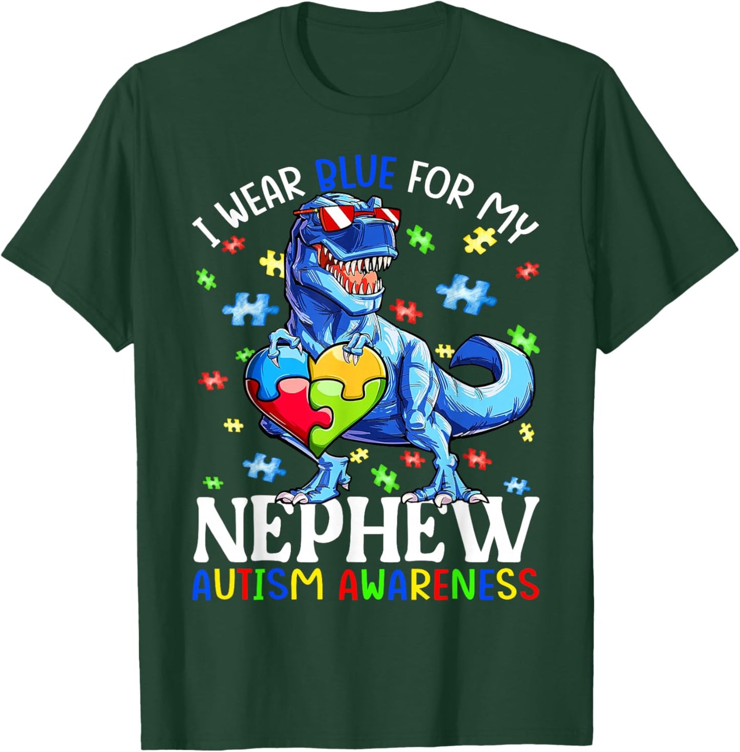 I Wear Blue For My Nephew Autism Awareness Dinosaur Boys T-Shirt - T-Shirt | Forest