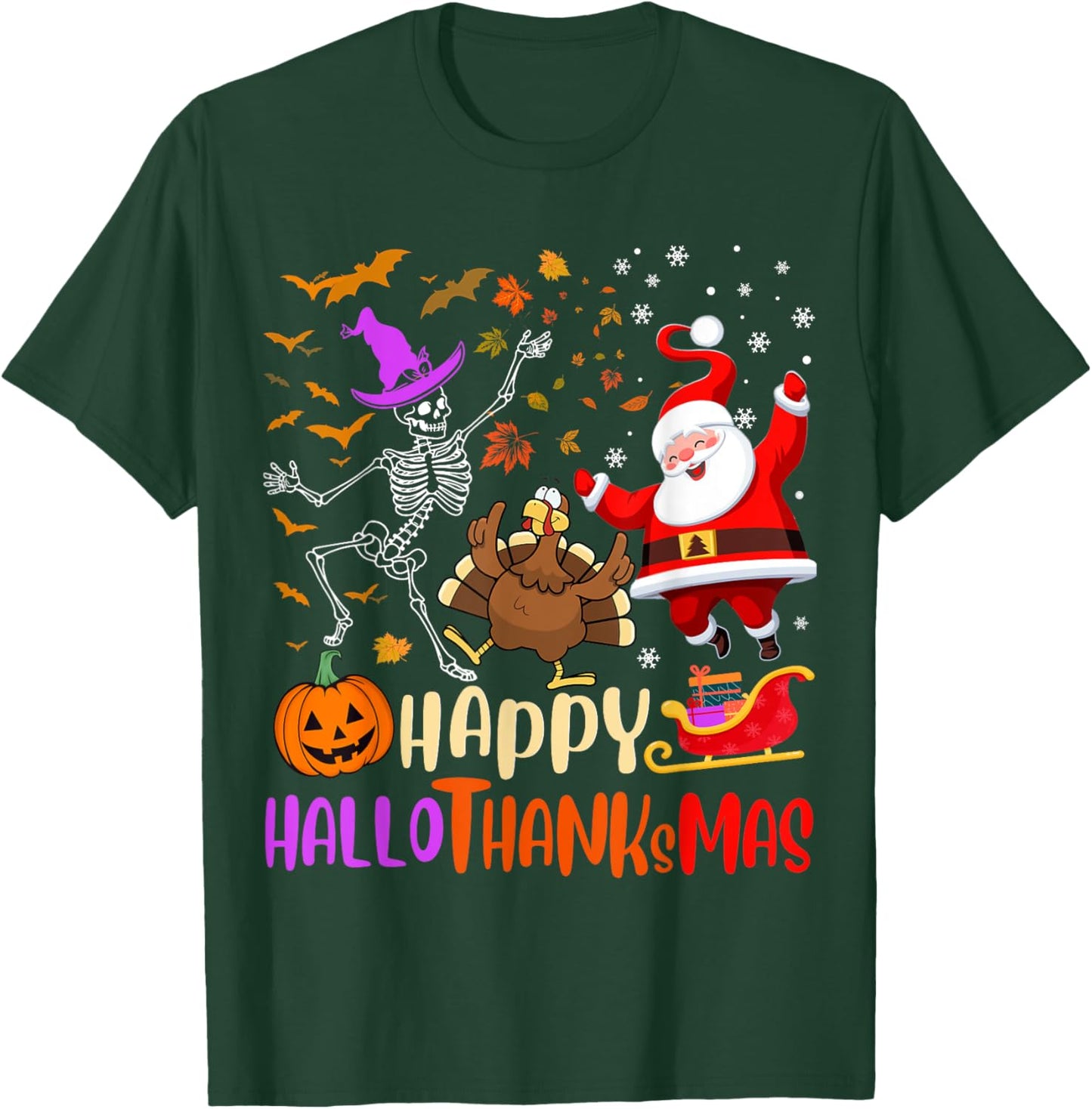 Happy Hallothanksmas Skeleton Pumpkin Turkey Santa Dancing T-Shirt - T-Shirt | Forest
