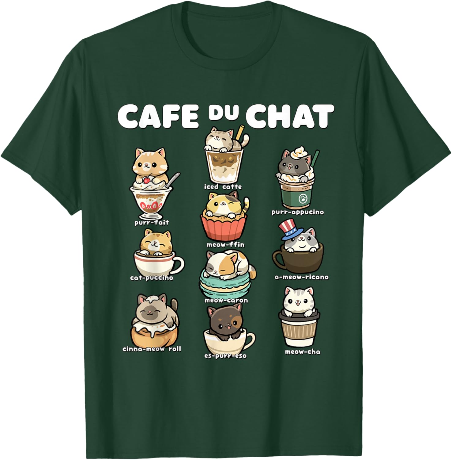 Cafe du Chat Cute Coffee Cats Kawaii Pun T-Shirt - T-Shirt | Forest