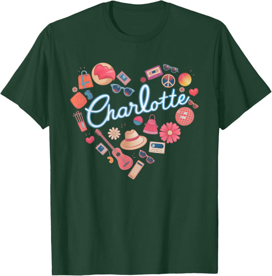 Girl Retro Charlotte First Name Personalized Heart T-Shirt - T-Shirt | Forest