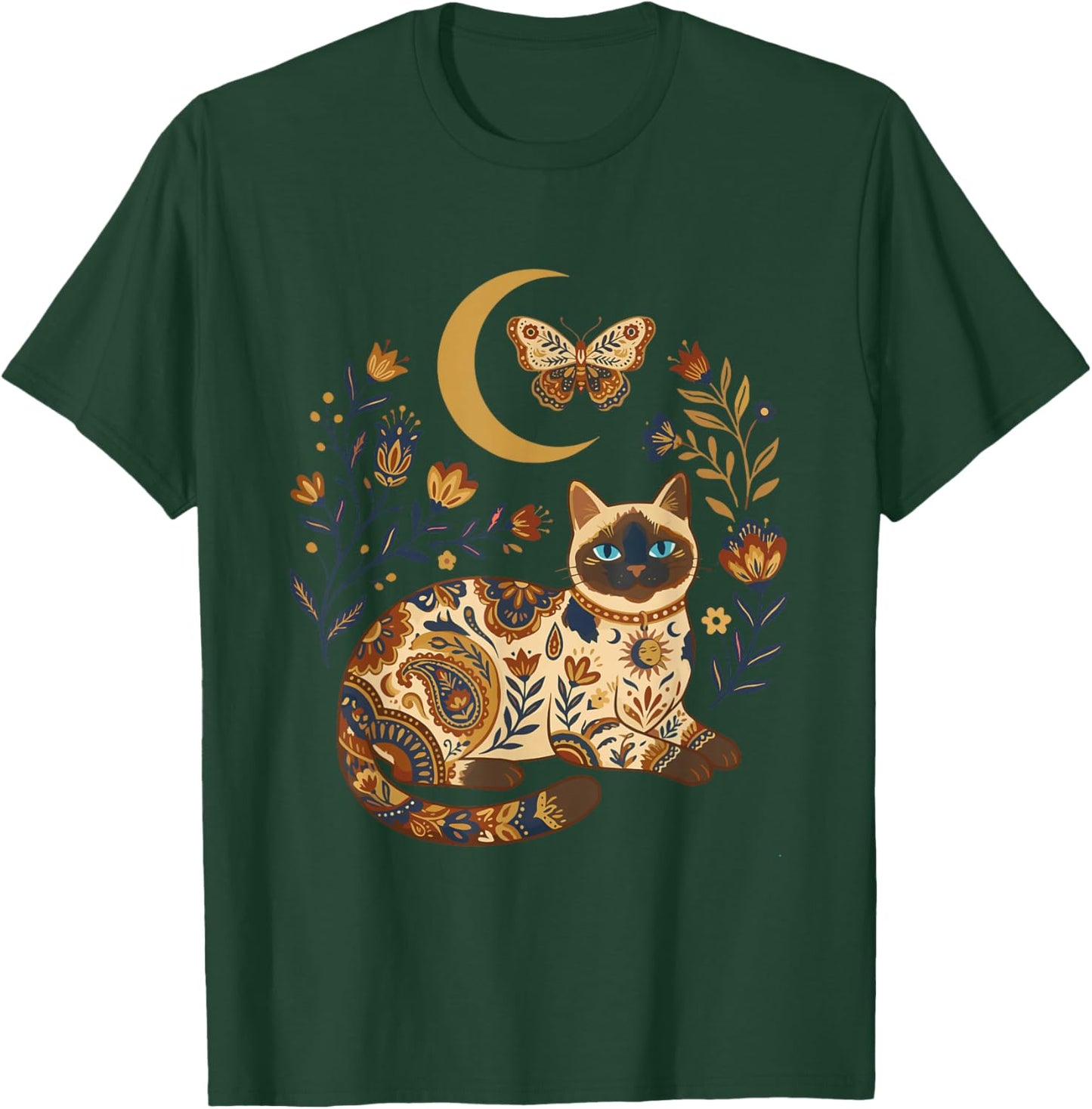Boho Celestial Siamese Cat Moon Floral T-Shirt - T-Shirt | Forest
