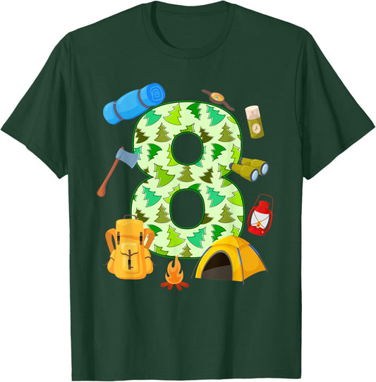 8th Birthday Camping Theme 8 Year Old Birthday Kids T-Shirt - T-Shirt | Forest
