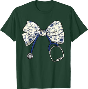 Floral Blue Coquette Bow Nurse Stethoscope Nursing Doctor T-Shirt - T-Shirt | Forest