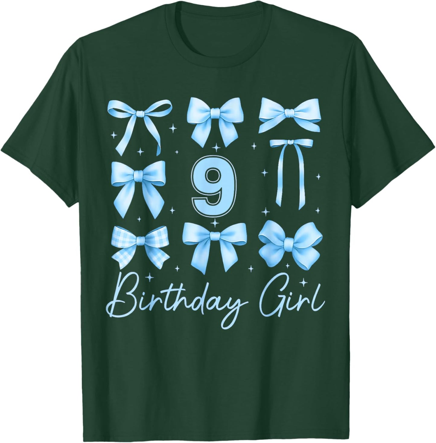 Cute 9th Birthday Girl Blue Coquette Bow 9 Year Old T-Shirt - T-Shirt | Forest