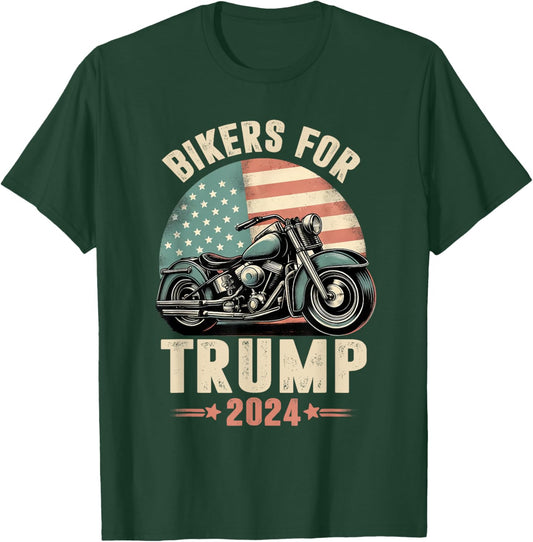 Bikers For Trump 2024 Motorcycle US American Flag Patriotic T-Shirt - T-Shirt | Forest