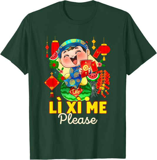 Happy Tet Chuc Mung Nam Moi 2025 Li Xi Me Please Kids Boys Black Modern Classic Cartoon Birthday T-Shirt - T-Shirt | Forest