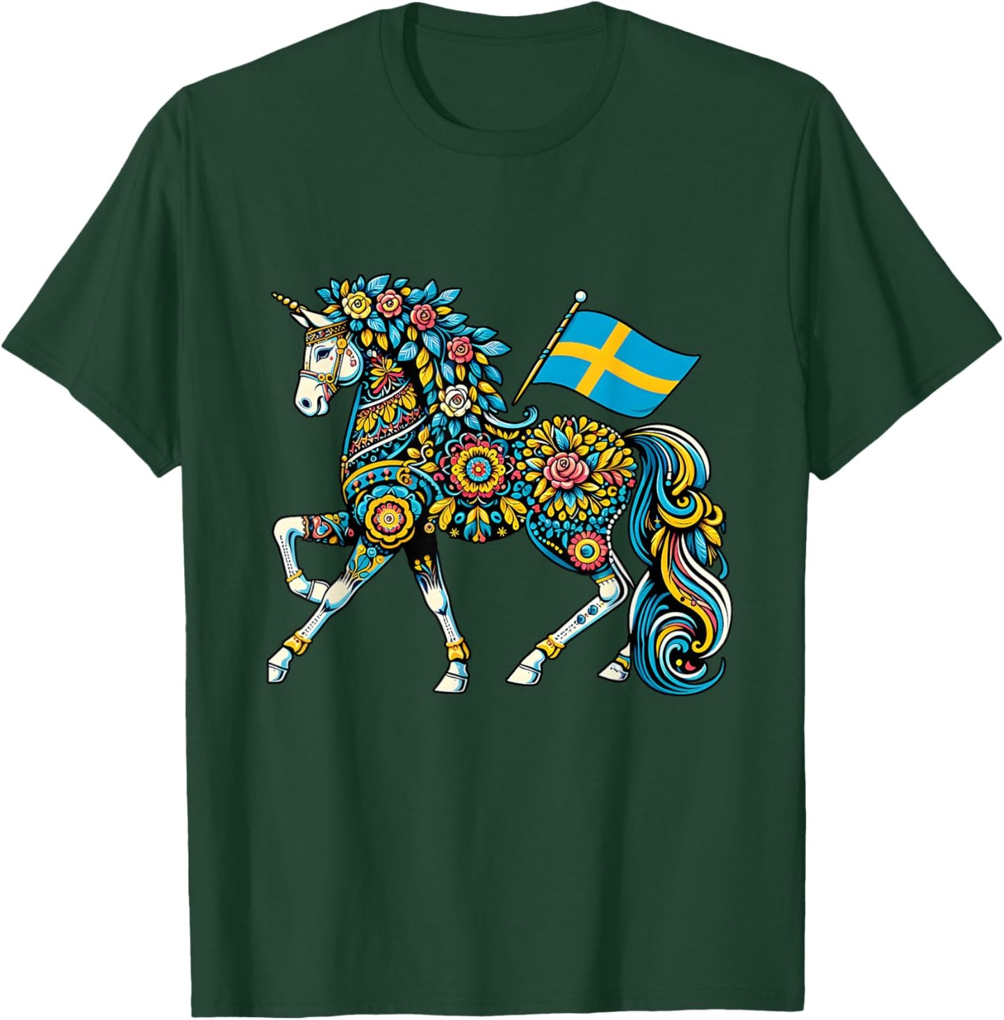 Swedish Dala Horse Folk Art Sweden Flag Dalahelmsoljd Horse T-Shirt - T-Shirt | Forest