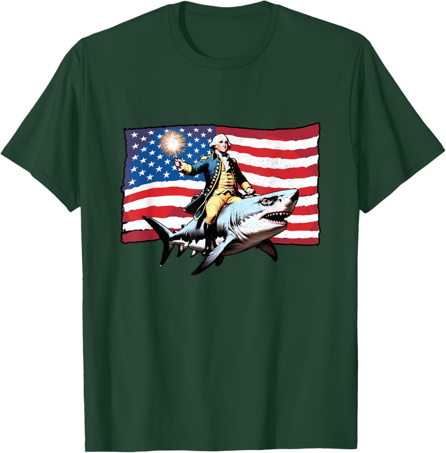 4th of July George Washington Riding Shark American Flag Men T-Shirt - T-Shirt | Forest