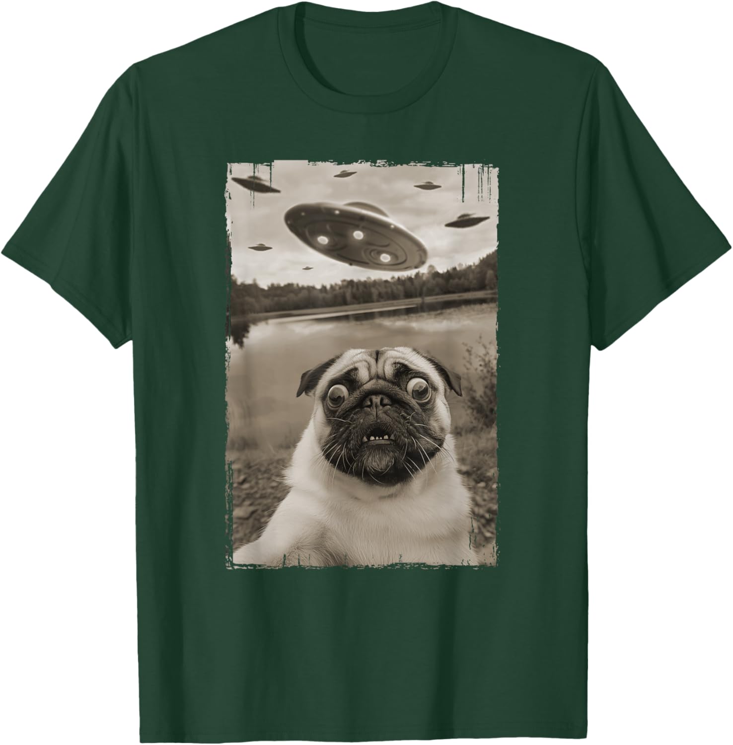 Vintage Pug UFO Encounters - Funny UFO and Pug Selfie T-Shirt - T-Shirt | Forest