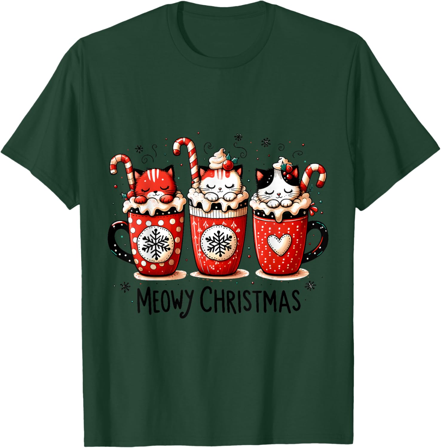Meowy Christmas Cute Cats and Coffee Merry Xmas Graphic T-Shirt - T-Shirt | Forest