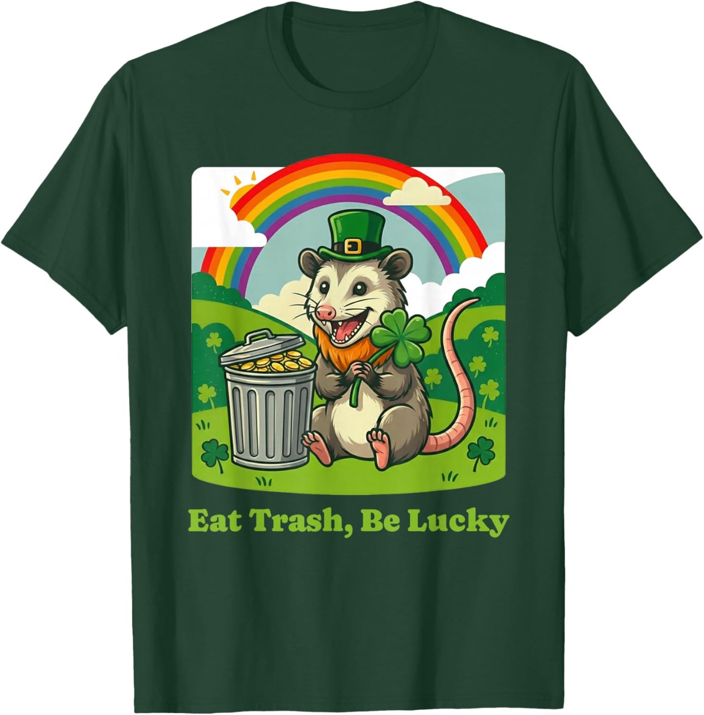 St. Patrick's Day Opossum Eat Trash Be Lucky Leprechaun Hat T-Shirt - T-Shirt | Forest