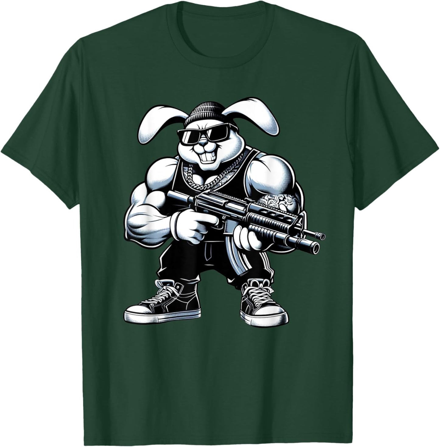 Thug Bunny Holding Gun Muscles Gangster Rabbit Lovers Art T-Shirt - T-Shirt | Forest