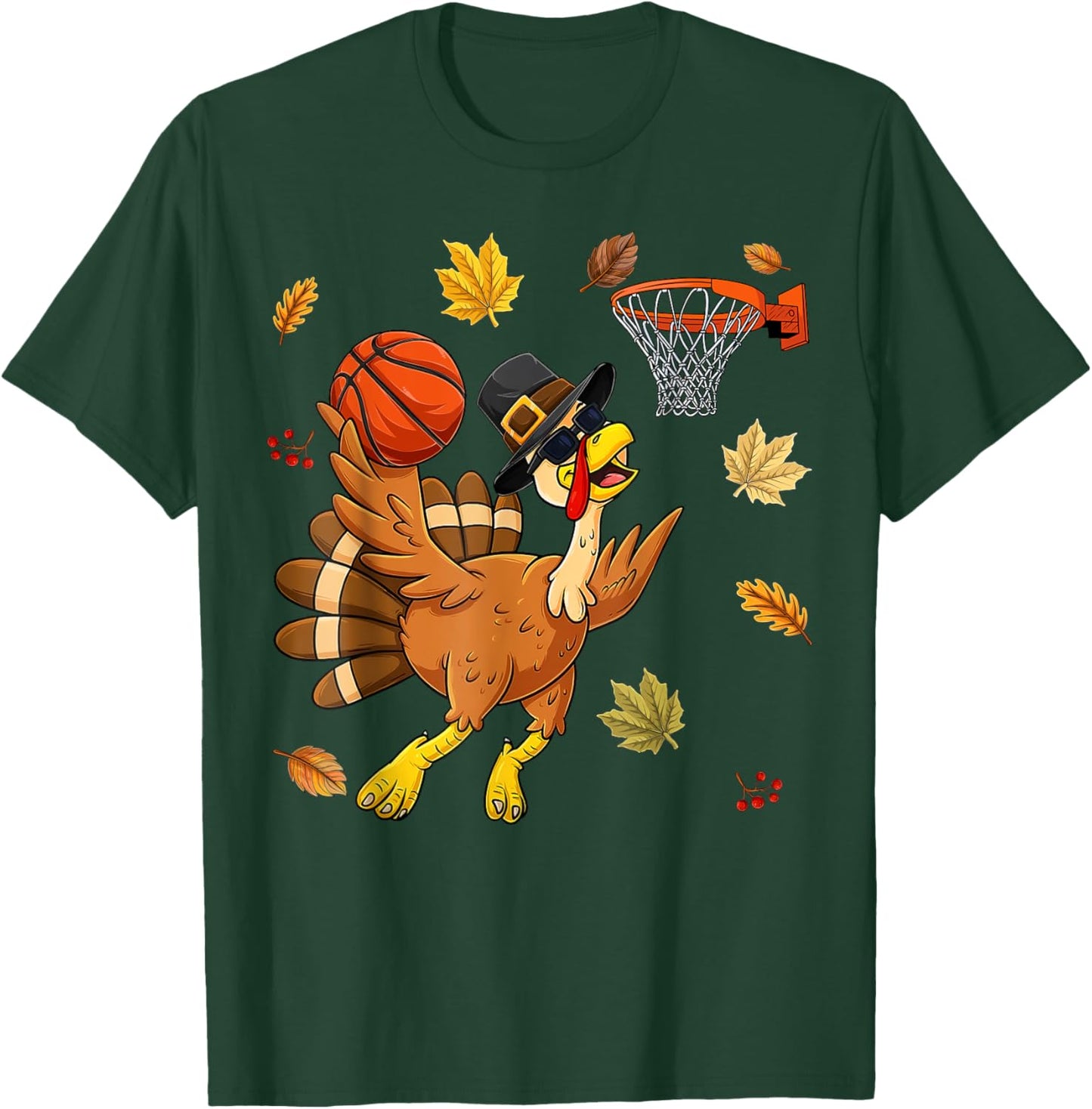 Funny Turkey Playing Basketball Happy Thanksgiving Boys Kids T-Shirt - T-Shirt | Forest