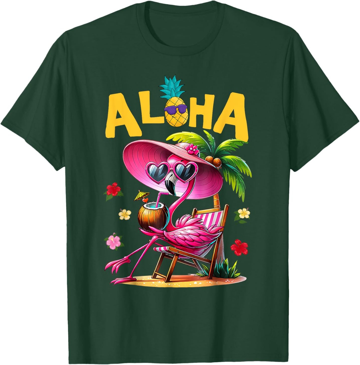 Aloha Flamingo Summer Vibes Beach Palm Tree Summer Vacation T-Shirt - T-Shirt | Forest