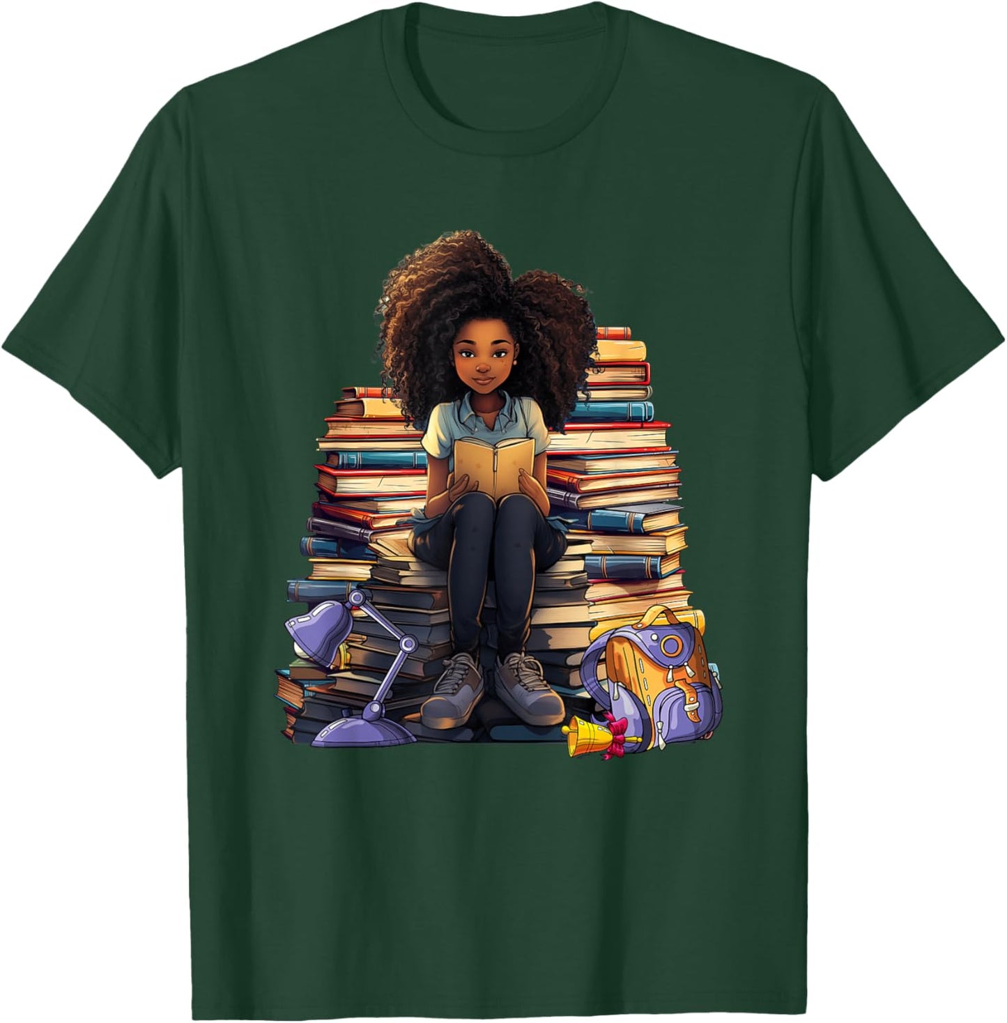Back To School Afro Melanin Girl Reading Book Bookworm T-Shirt - T-Shirt | Forest
