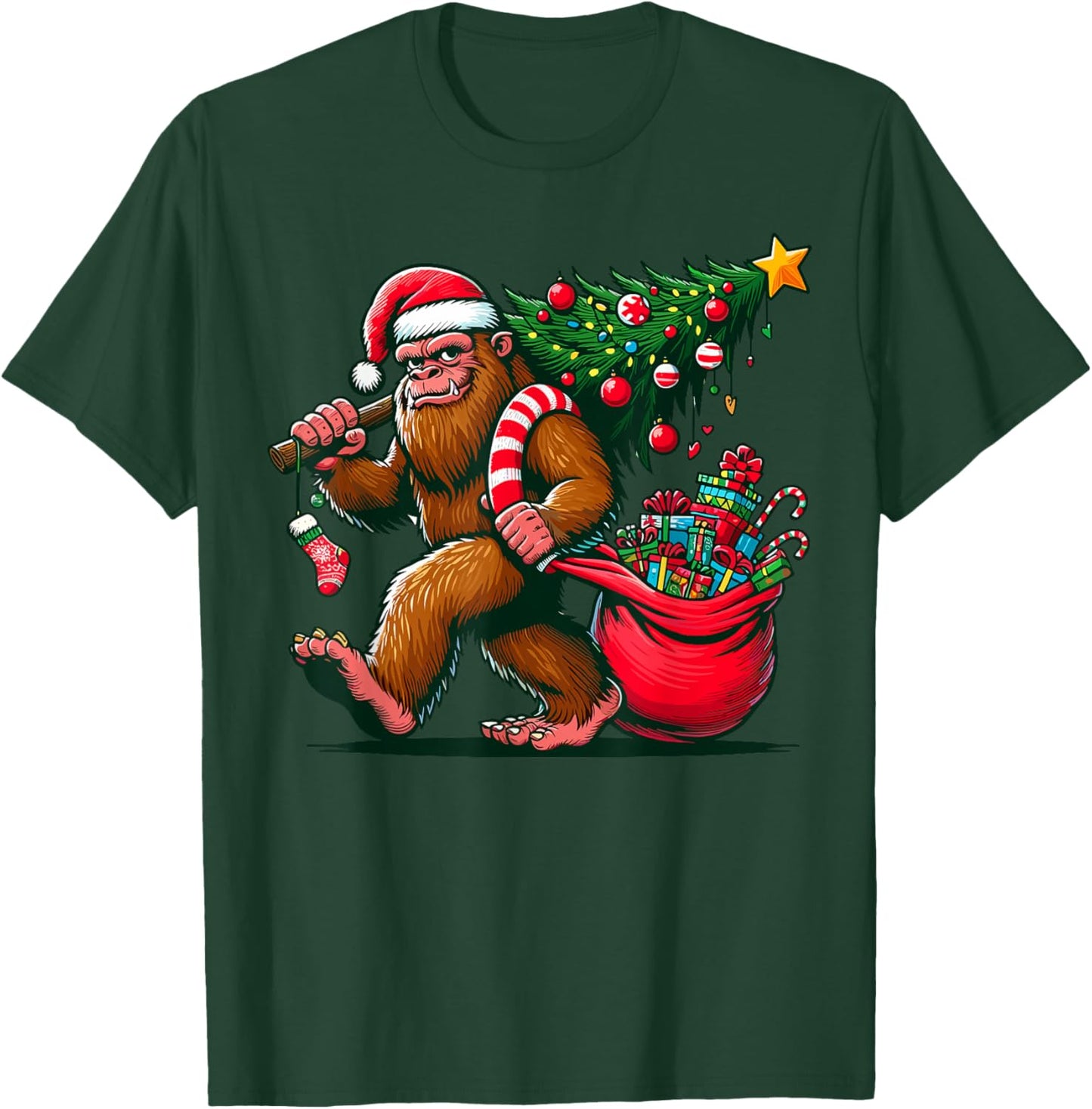 Bigfoot Christmas Tree Lights Xmas Sasquatch - -Adults, Kids - Blue - Small - Short Sleeve - - Cartoon Pattern - Winter T-Shirt - T-Shirt | Forest