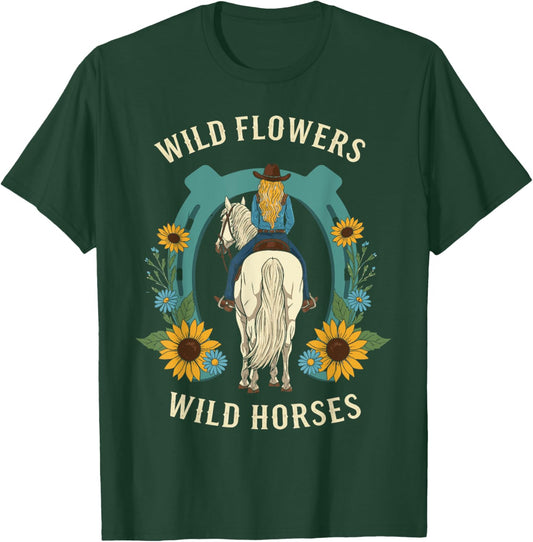 Wild Flowers Wild Horses Retro Rodeo Western Country Cowgirl T-Shirt - T-Shirt | Forest