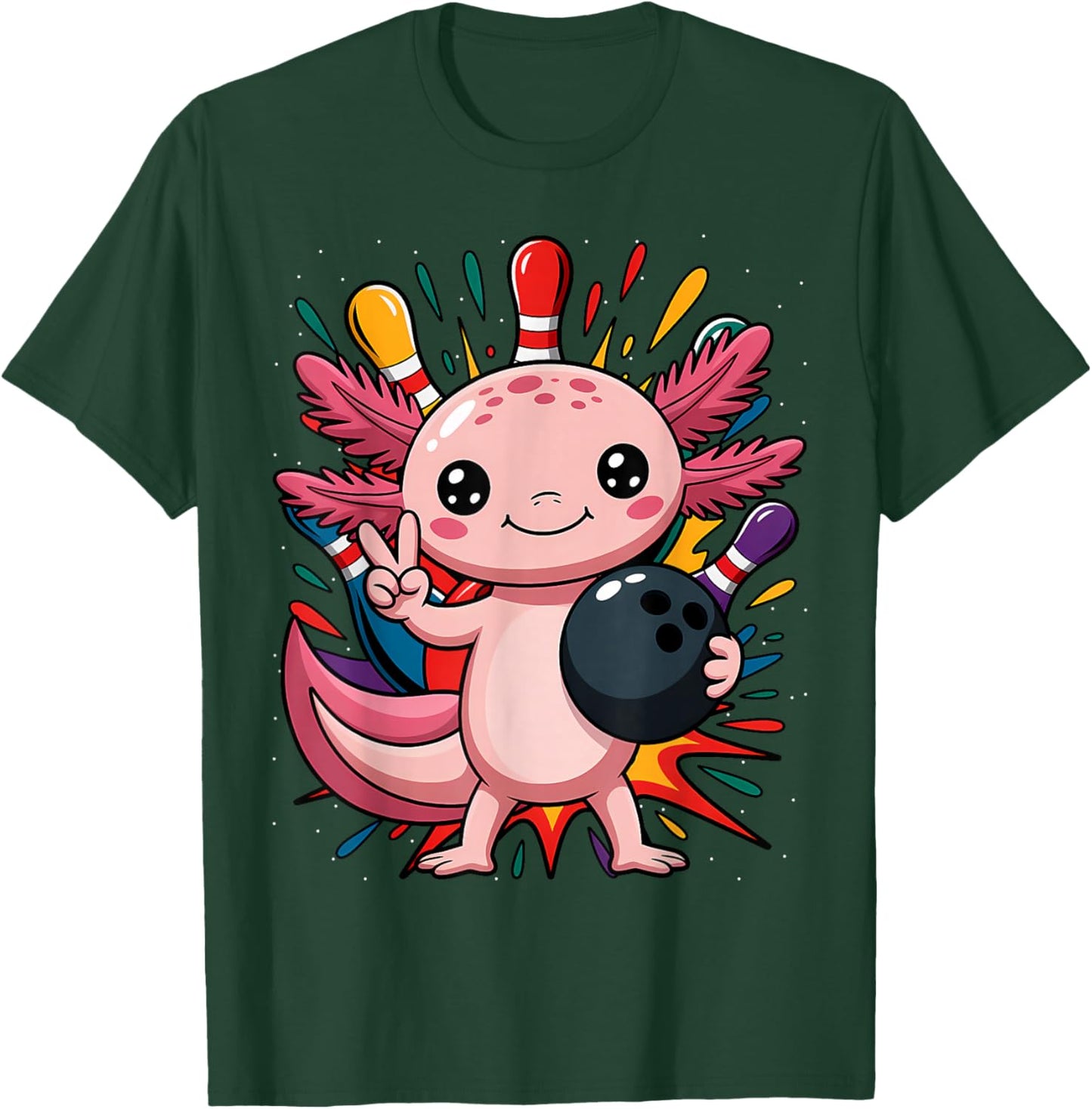 Funny Axolotl Bowling Player Bowler Bowl Sports T-Shirt - T-Shirt | Forest
