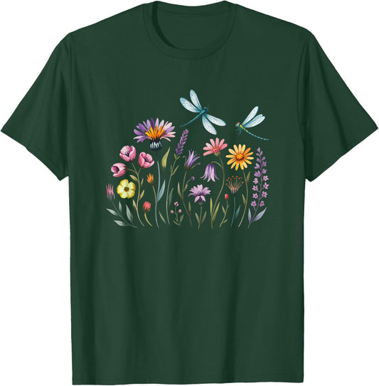 Vintage Watercolor Wildflowers Dragonfly T-Shirt - T-Shirt | Forest
