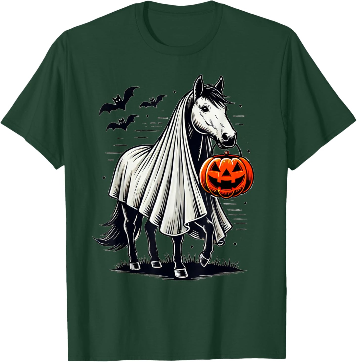 Halloween Horse With Pumpkin Ghost Costume Rider Riding T-Shirt - T-Shirt | Forest