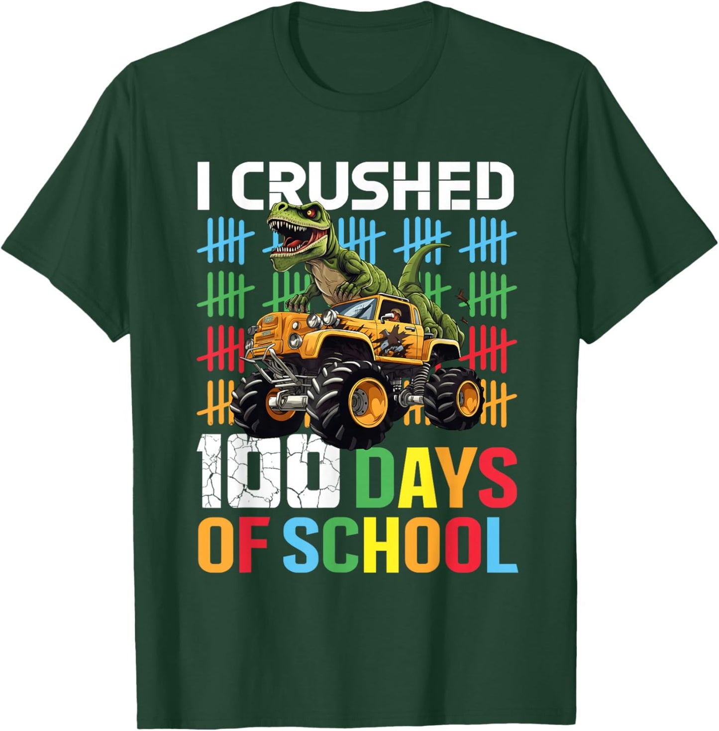 100 Days of School Monster Truck Dinosaur Funny Kids Boys T-Shirt - T-Shirt | Forest