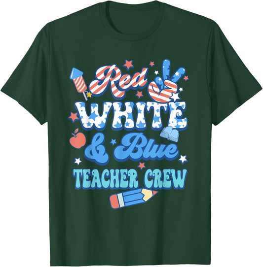 Groovy Red White Blue Teacher Crew 4th Of July T-Shirt - T-Shirt | Forest