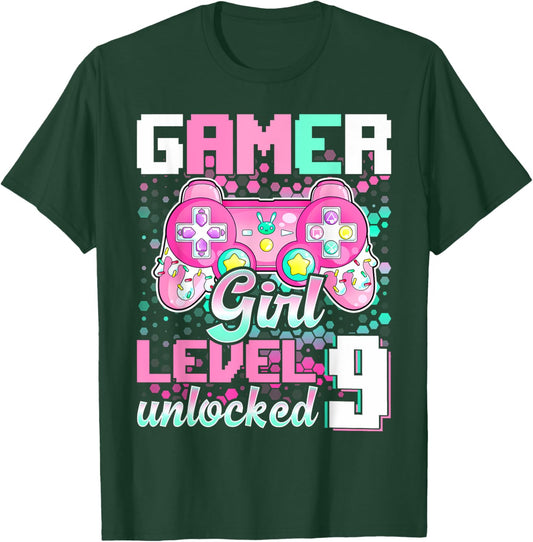 9th Birthday Gift Gamer Girl Level 9 Unlocked Video Game T-Shirt - T-Shirt | Forest