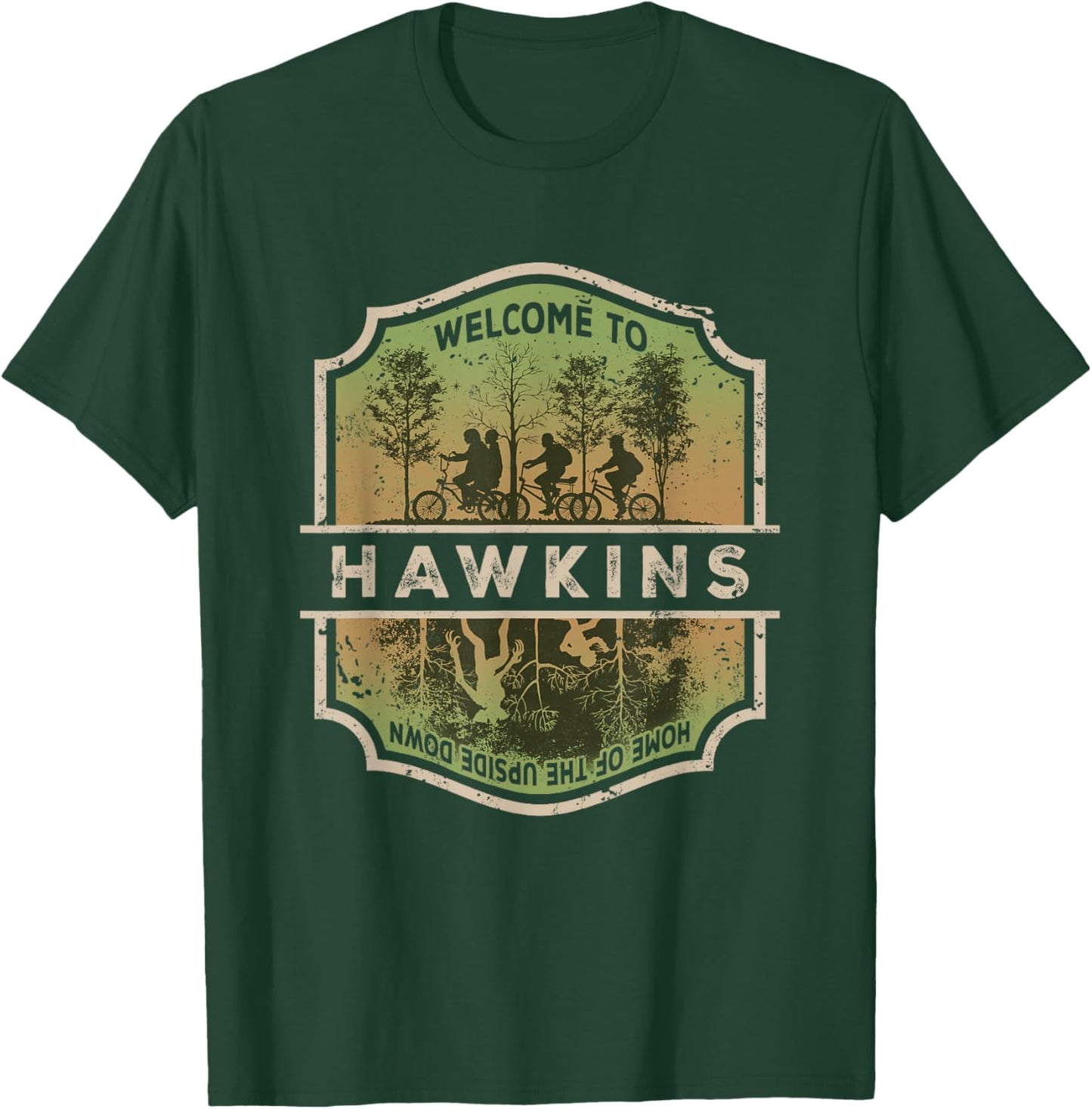 Stranger Things Welcome To Hawkins Upside Down Badge T-Shirt - T-Shirt | Forest