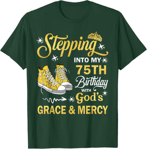 75th Birthday Grace and Mercy Christian Blessed Sneaker T-Shirt - T-Shirt | Forest