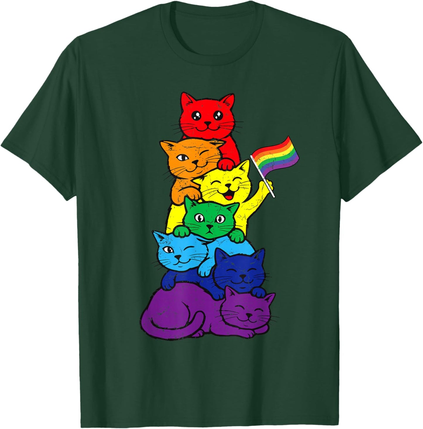 Cat Stack Rainbow Lesbian Gay Pride Ally LGBT Men Women Kids T-Shirt - T-Shirt | Forest