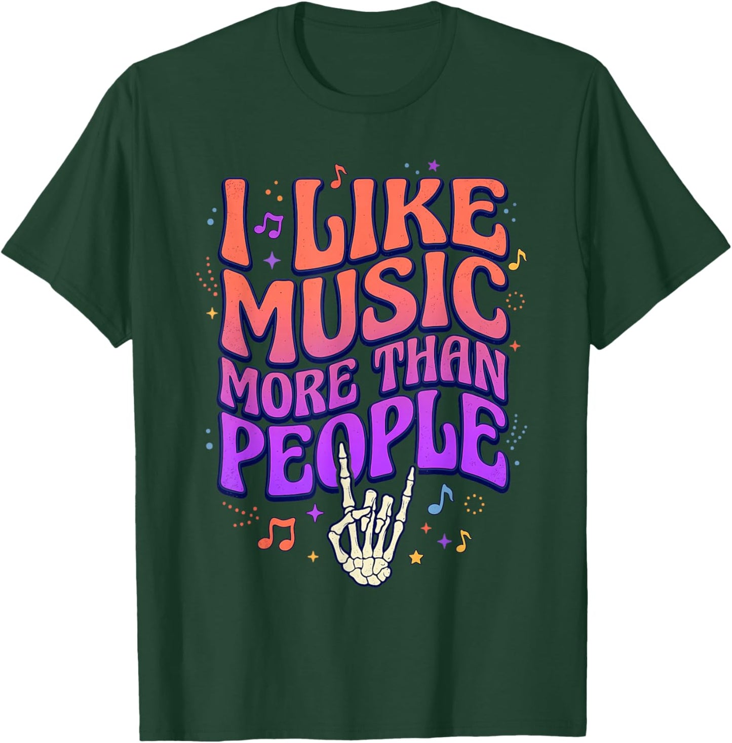 I Like Music More Than People Retro Skeleton Hand Rock On T-Shirt - T-Shirt | Forest
