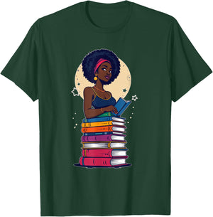 Black Woman And Books Stack - Afro Girl Reading Lover T-Shirt - T-Shirt | Forest
