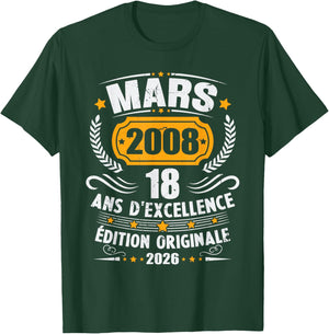 Vintage Birthday Gift 18 Years Born in March 2008 T-Shirt - T-Shirt | Forest