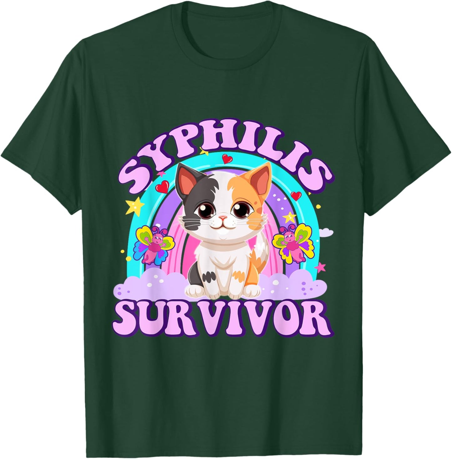 Syphilis Survivor Funny Cat Sarcastic Y2K Inappropriate Meme T-Shirt - T-Shirt | Forest