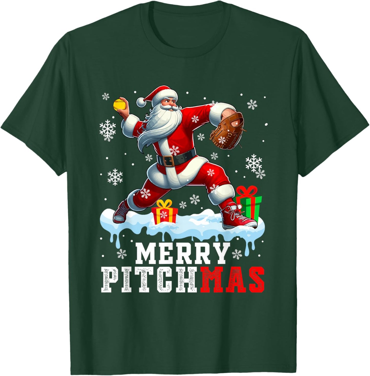 Merry Pitchmas Christmas Santa Pitcher Playing Softball T-Shirt - T-Shirt | Forest