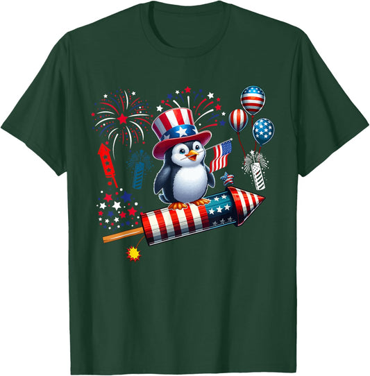 Penguin Riding Firecracker 4th Of July Bird Proud Flag T-Shirt - T-Shirt | Forest
