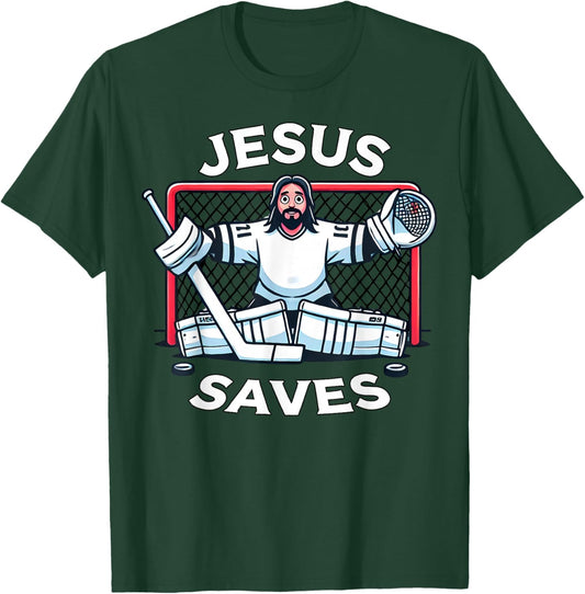Funny Hockey Jesus Saves Goalie Sports Humor T-Shirt - T-Shirt | Forest
