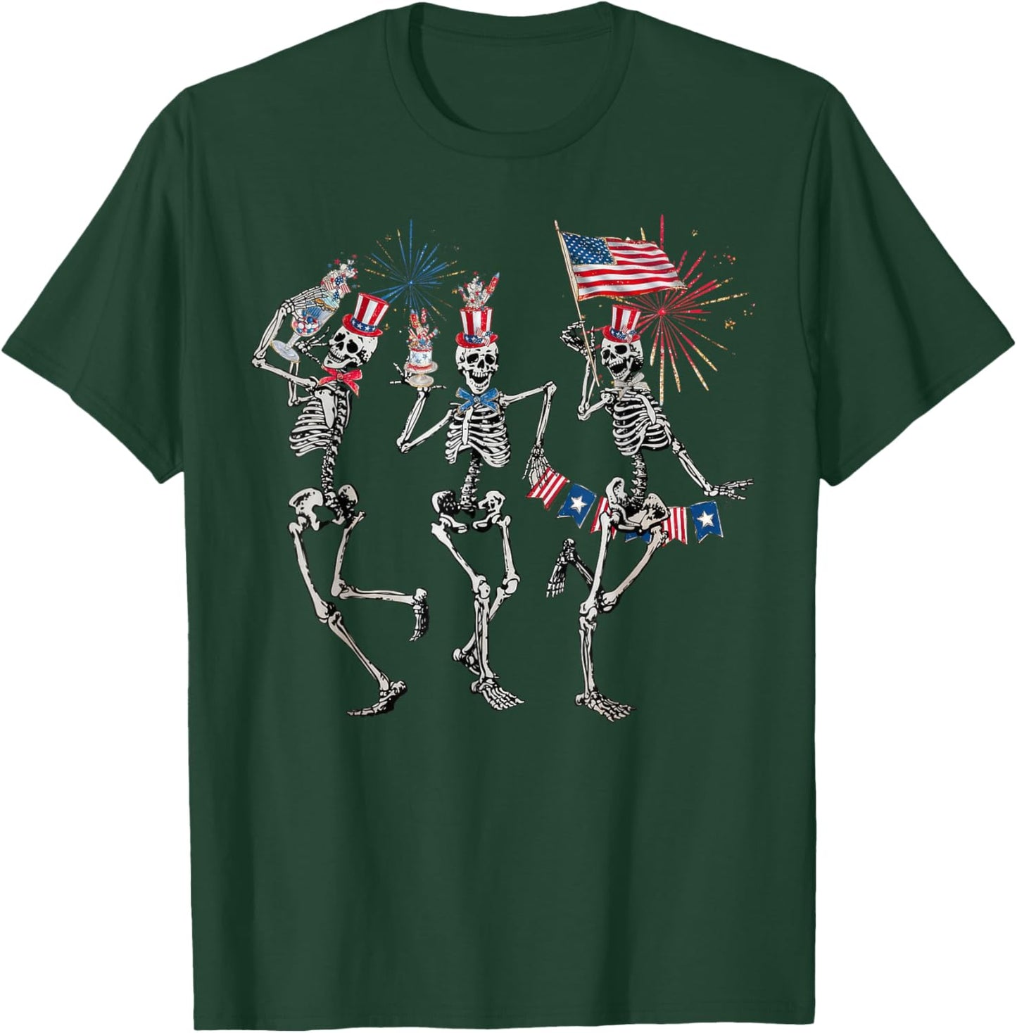 Dancing Skeleton US Flag 4th Of July Fireworks Patriotic Women Men T-Shirt - T-Shirt | Forest